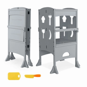 Folding Wooden Step Stool With Lockable Safety Rail for Toddler 3 -Gray