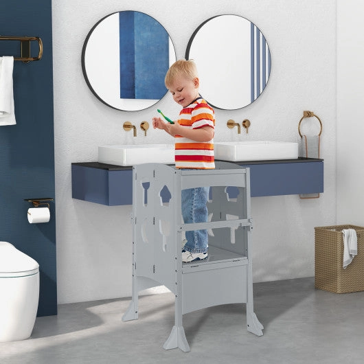 Folding Wooden Step Stool With Lockable Safety Rail for Toddler 3 -Gray