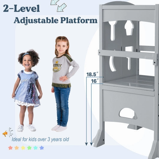 Folding Wooden Step Stool With Lockable Safety Rail for Toddler 3 -Gray