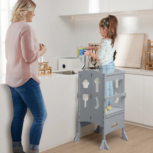 Folding Wooden Step Stool With Lockable Safety Rail for Toddler 3 -Gray