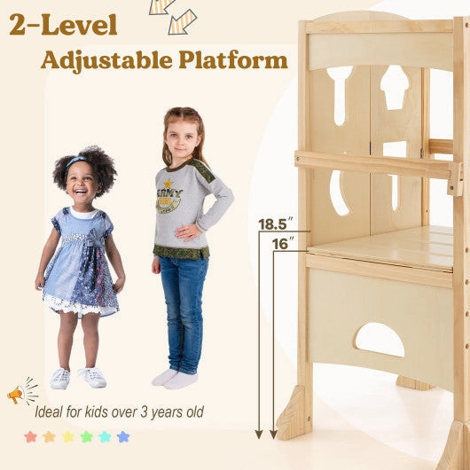 Folding Wooden Step Stool With Lockable Safety Rail for Toddler 3 -Natural