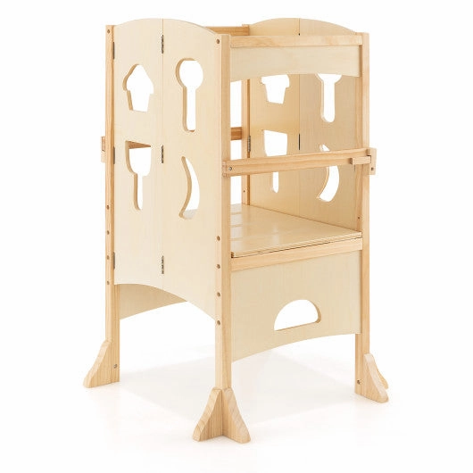 Folding Wooden Step Stool With Lockable Safety Rail for Toddler 3 -Natural