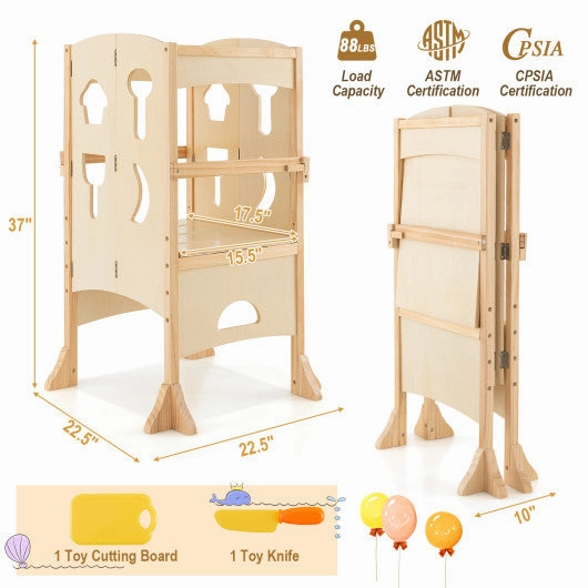 Folding Wooden Step Stool With Lockable Safety Rail for Toddler 3 -Natural