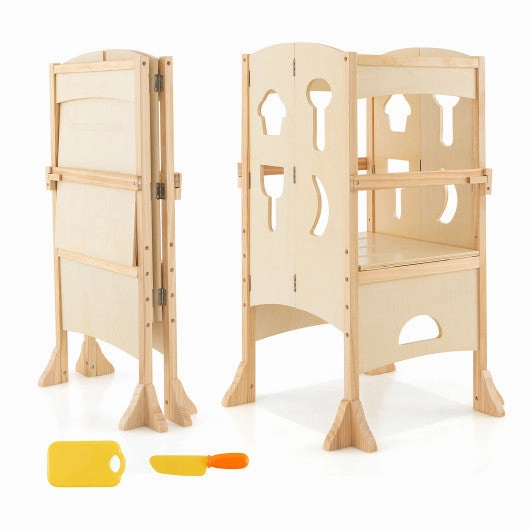 Folding Wooden Step Stool With Lockable Safety Rail for Toddler 3 -Natural
