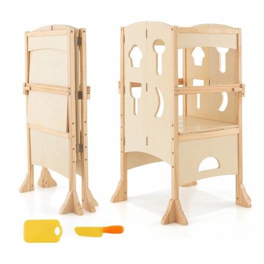 Folding Wooden Step Stool With Lockable Safety Rail for Toddler 3 -Natural