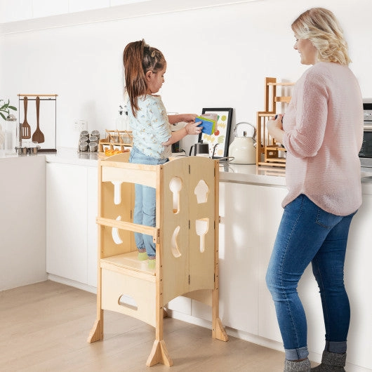 Folding Wooden Step Stool With Lockable Safety Rail for Toddler 3 -Natural