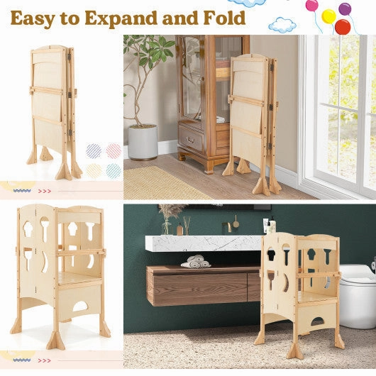 Folding Wooden Step Stool With Lockable Safety Rail for Toddler 3 -Natural