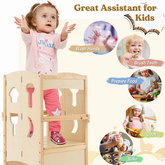 Folding Wooden Step Stool With Lockable Safety Rail for Toddler 3 -Natural