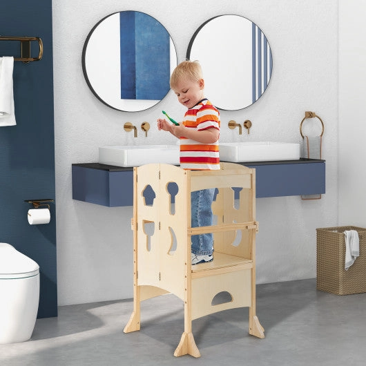 Folding Wooden Step Stool With Lockable Safety Rail for Toddler 3 -Natural