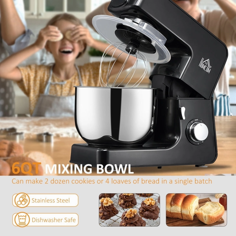 HOMCOM 6 Qt Stand Mixer with 6 1P Speed and Tilt Head - Black