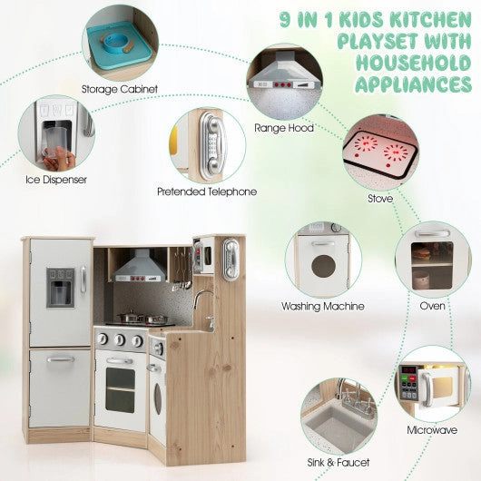 Kids Corner Wooden Kitchen Playset With Cookware Accessories