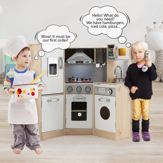 Kids Corner Wooden Kitchen Playset With Cookware Accessories