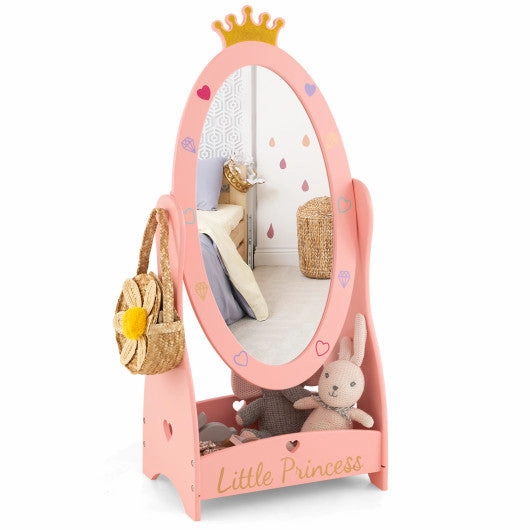 Kids Full Length Mirror With 360 Degree Rotatable Design and Shelf-Pink