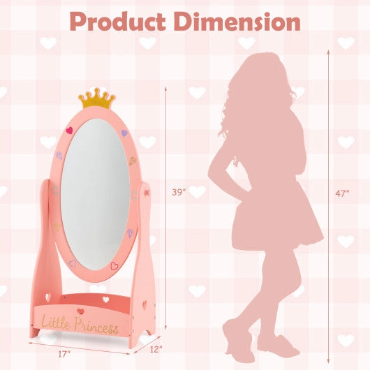 Kids Full Length Mirror With 360 Degree Rotatable Design and Shelf-Pink