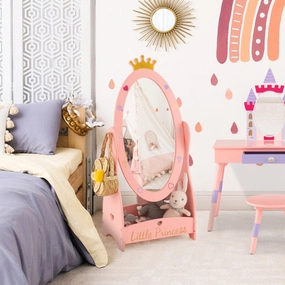 Kids Full Length Mirror With 360 Degree Rotatable Design and Shelf-Pink