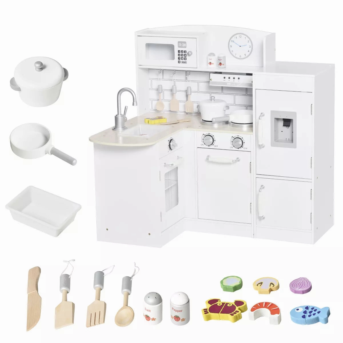Kids Play Kitchen Set Pretend Wooden Cooking Toy Set with Drinking Fountain, Microwave, Fridge and Accessories
