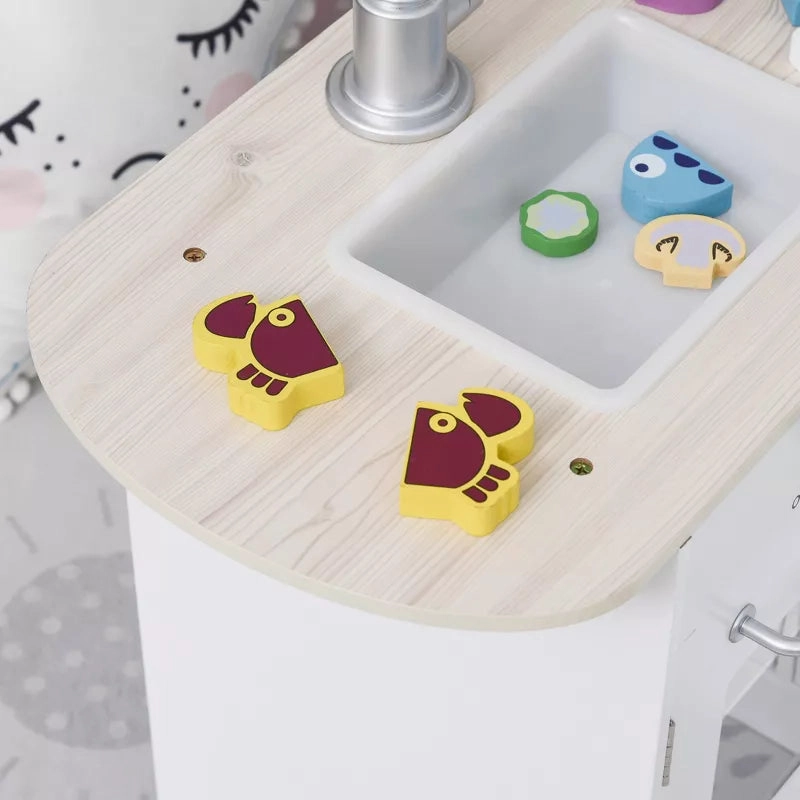 Kids Play Kitchen Set Pretend Wooden Cooking Toy Set with Drinking Fountain, Microwave, Fridge and Accessories