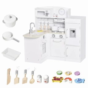 Kids Play Kitchen Set Pretend Wooden Cooking Toy Set with Drinking Fountain, Microwave, Fridge and Accessories