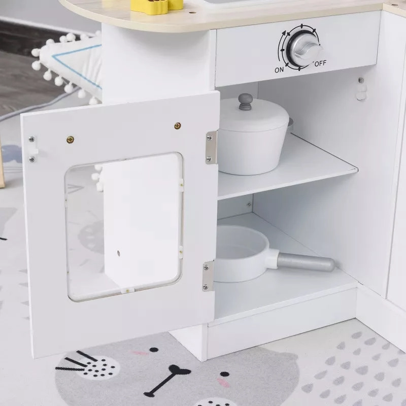 Kids Play Kitchen Set Pretend Wooden Cooking Toy Set with Drinking Fountain, Microwave, Fridge and Accessories