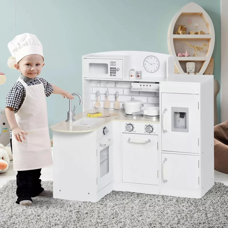 Kids Play Kitchen Set Pretend Wooden Cooking Toy Set with Drinking Fountain, Microwave, Fridge and Accessories
