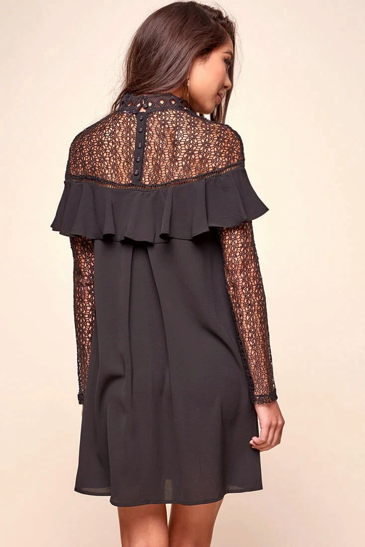Mendes Lace Detailed High Neck Long Sleeved Dress Black