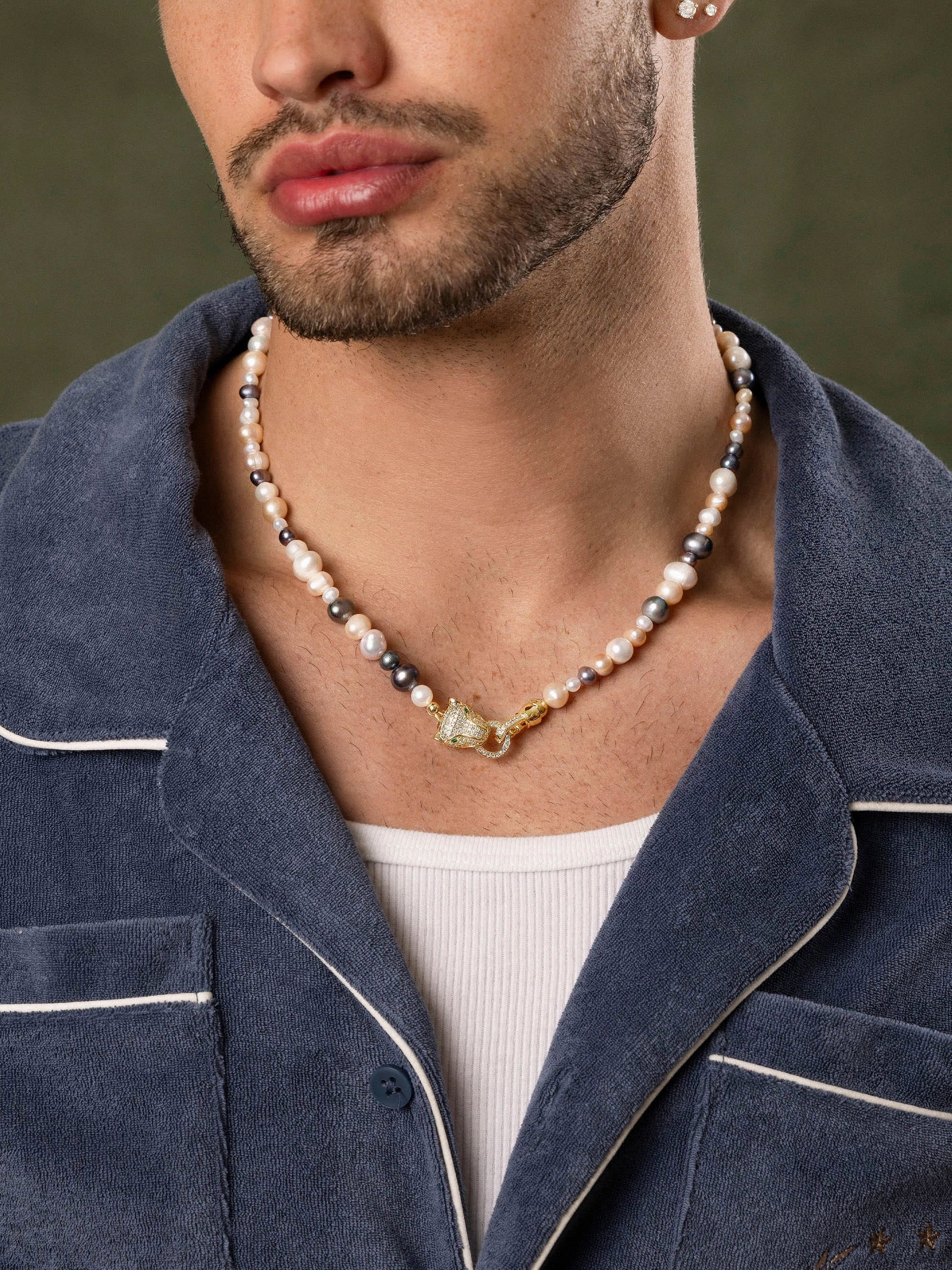 Multi-Colored Pearl Necklace with Gold Plated Panther Head Lock