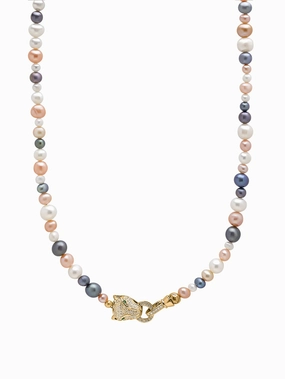 Multi-Colored Pearl Necklace with Gold Plated Panther Head Lock