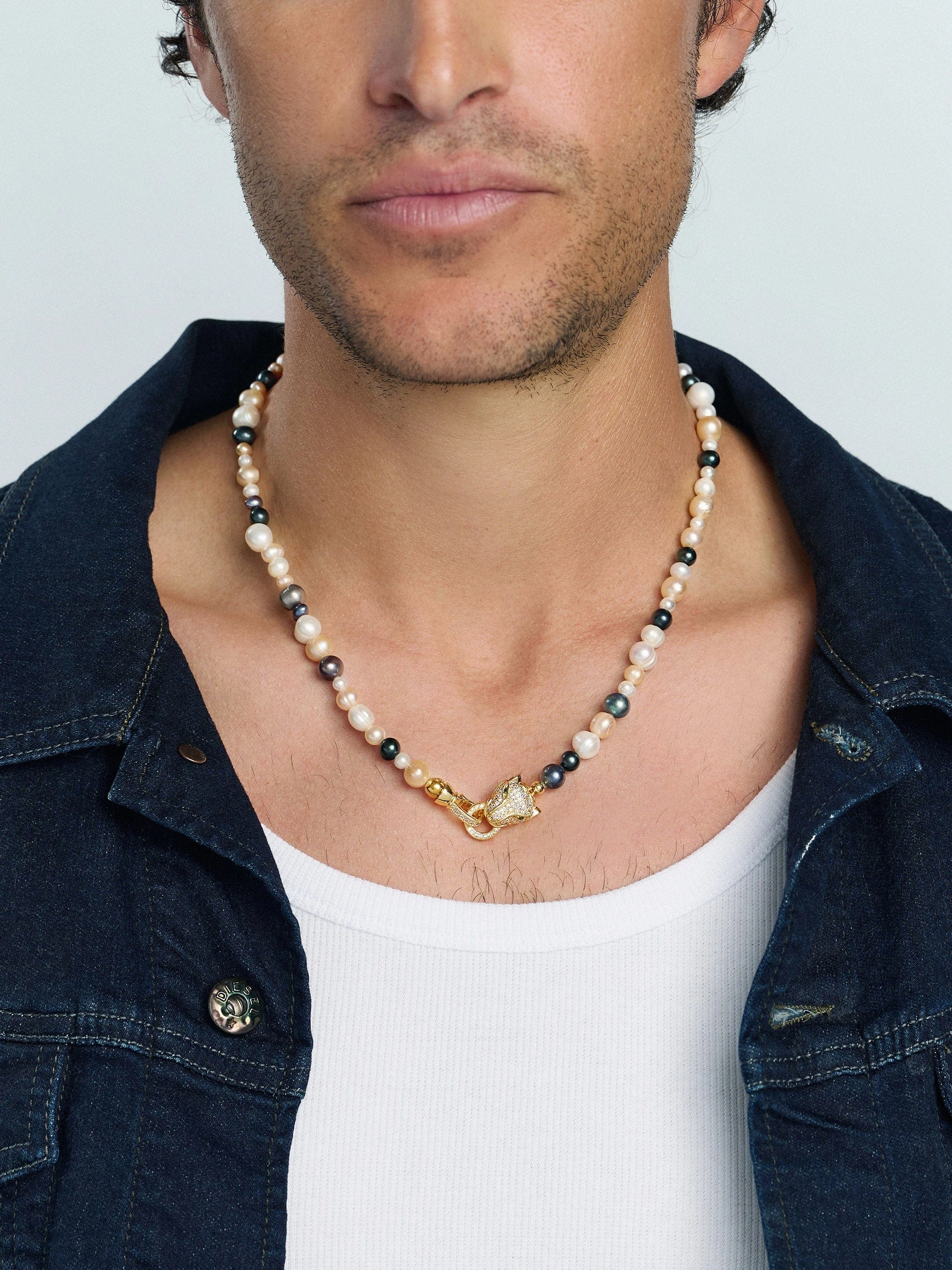 Multi-Colored Pearl Necklace with Gold Plated Panther Head Lock