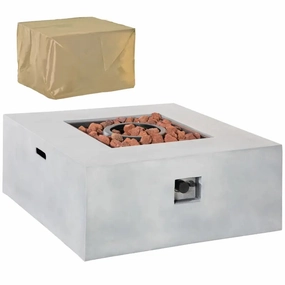 Outsunny 36" Firepit Table for Outside Large Rectangular Stone Gas Firepit with Lava Rocks & Rain Cover - Grey