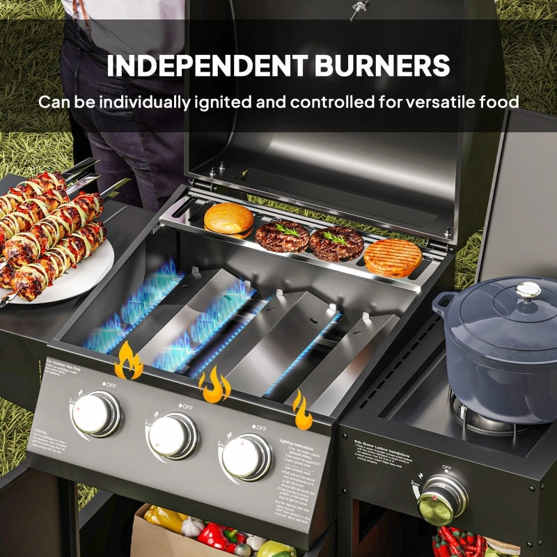Outsunny 3 Burner Propane Gas Grill with Side Burner