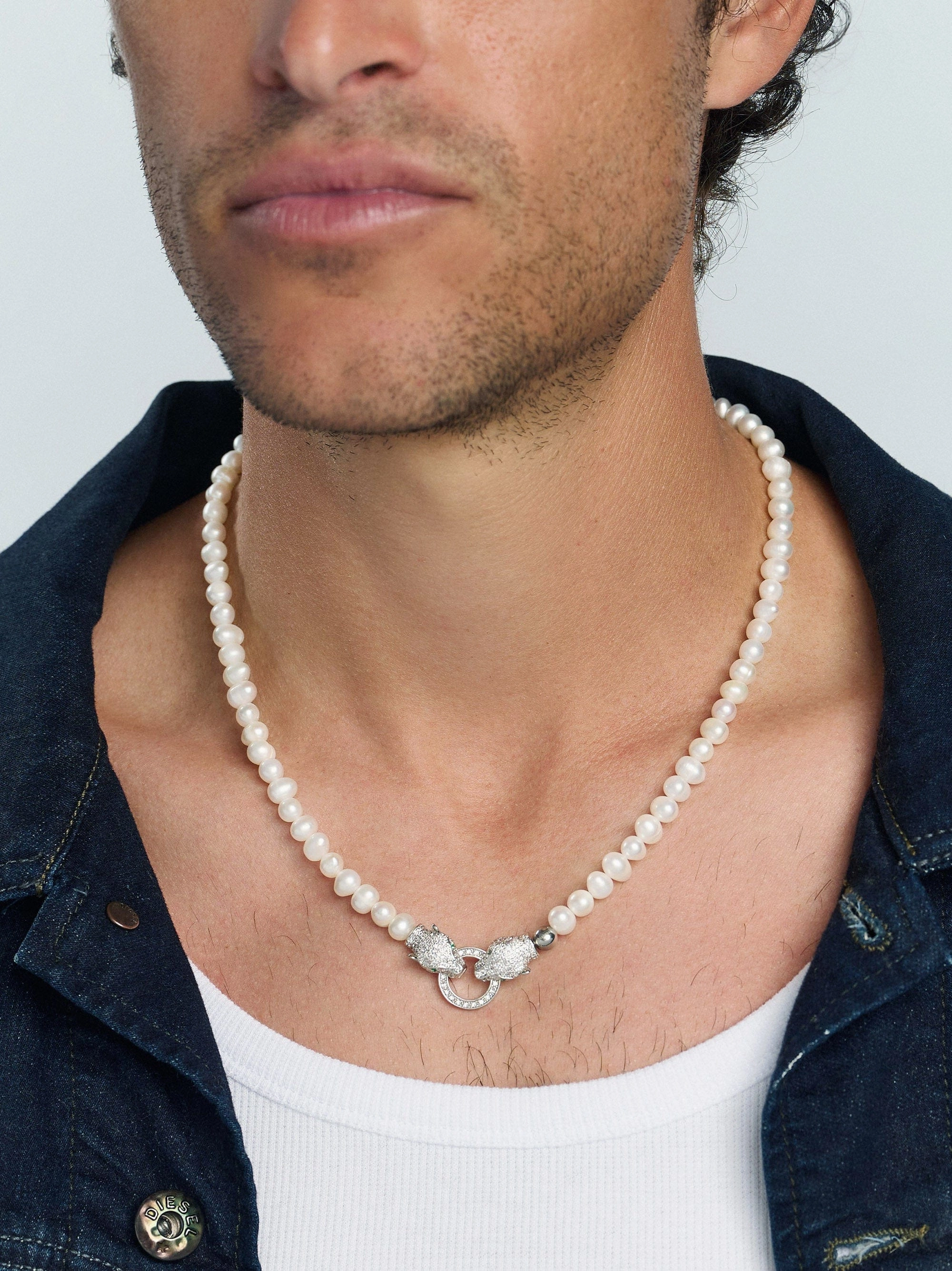 Pearl Choker with Double Panther Head in Silver
