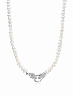 Pearl Choker with Double Panther Head in Silver
