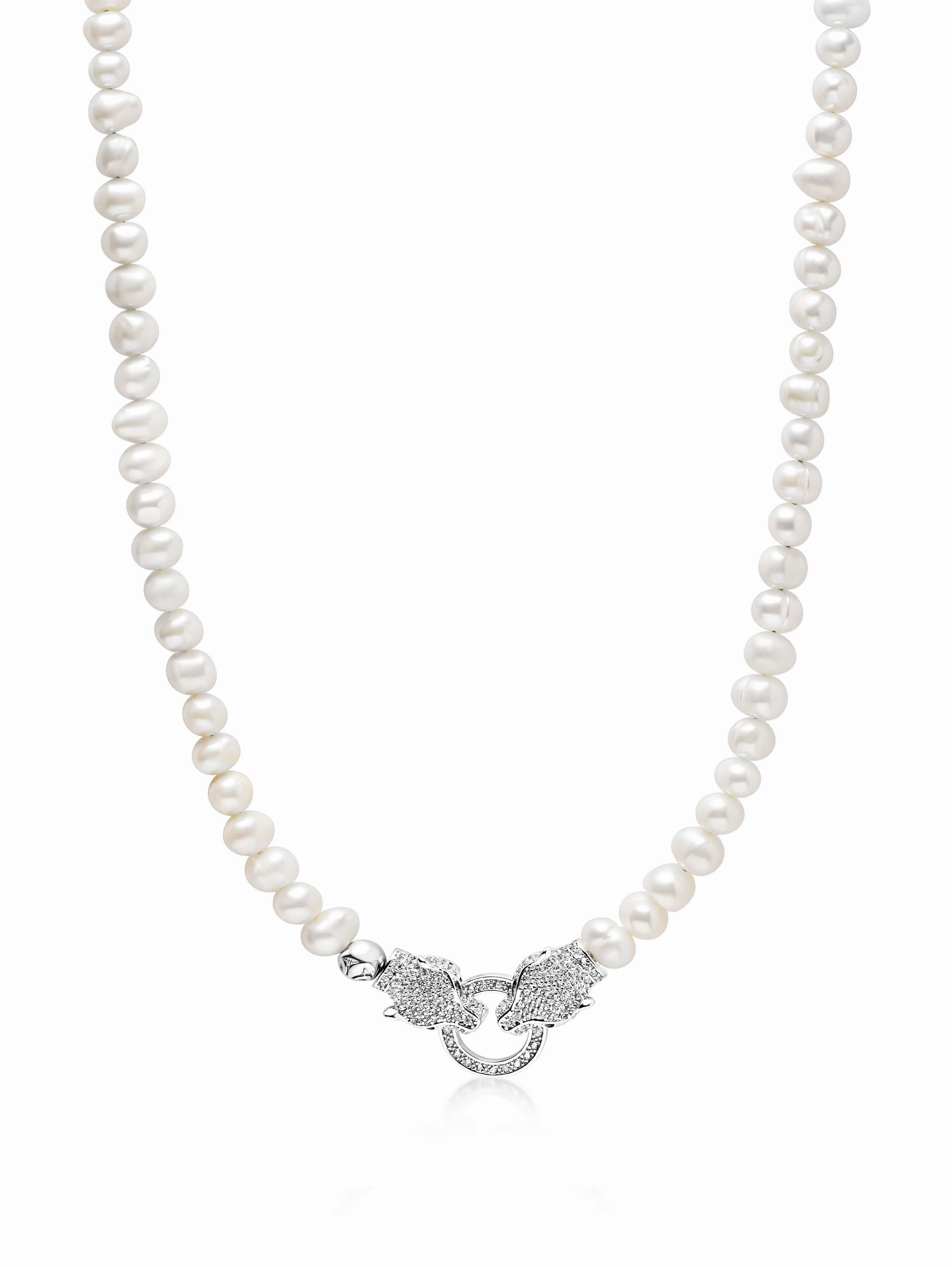 Pearl Choker with Double Panther Head in Silver