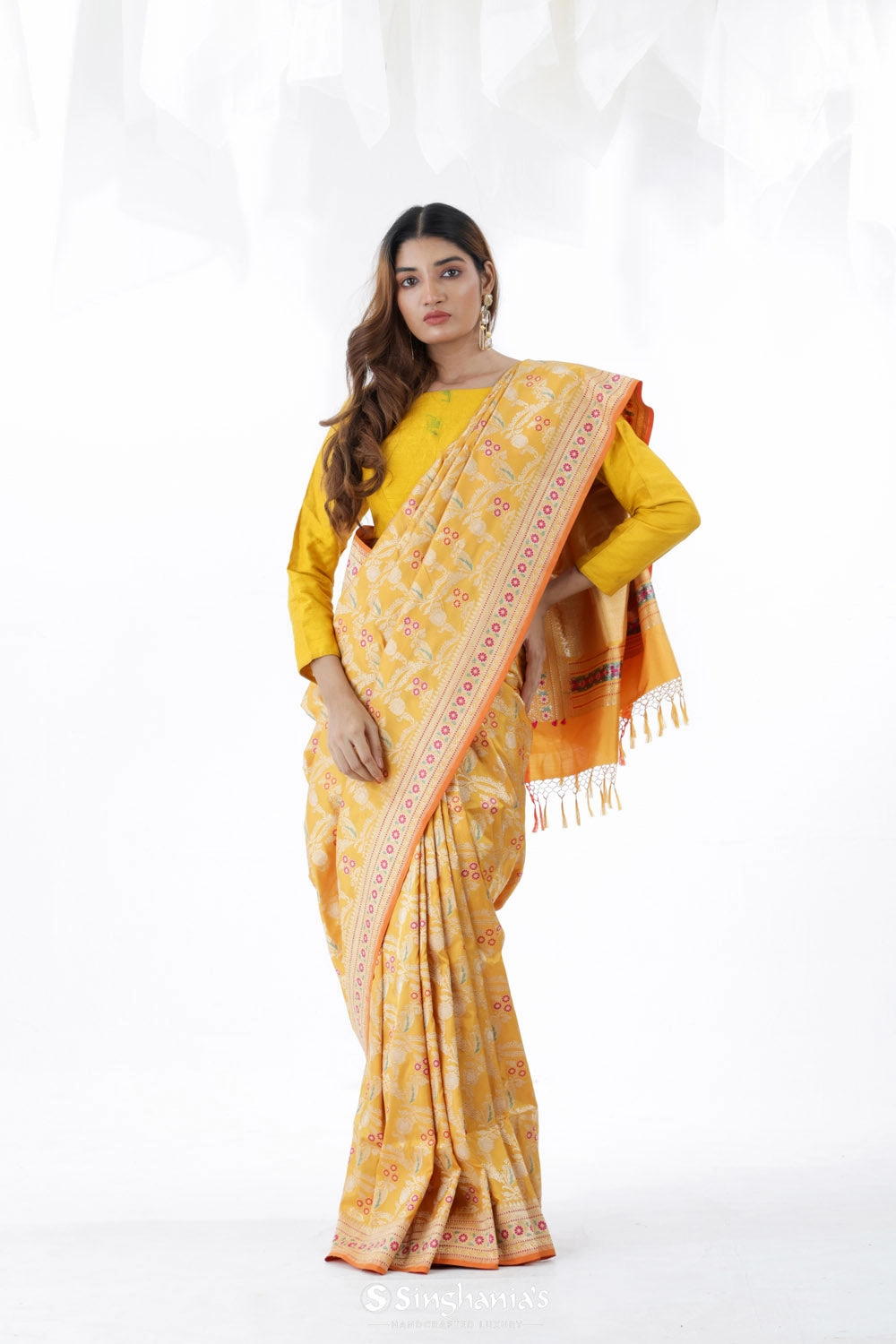 Saffron Yellow Banarasi Silk Saree With Floral Design