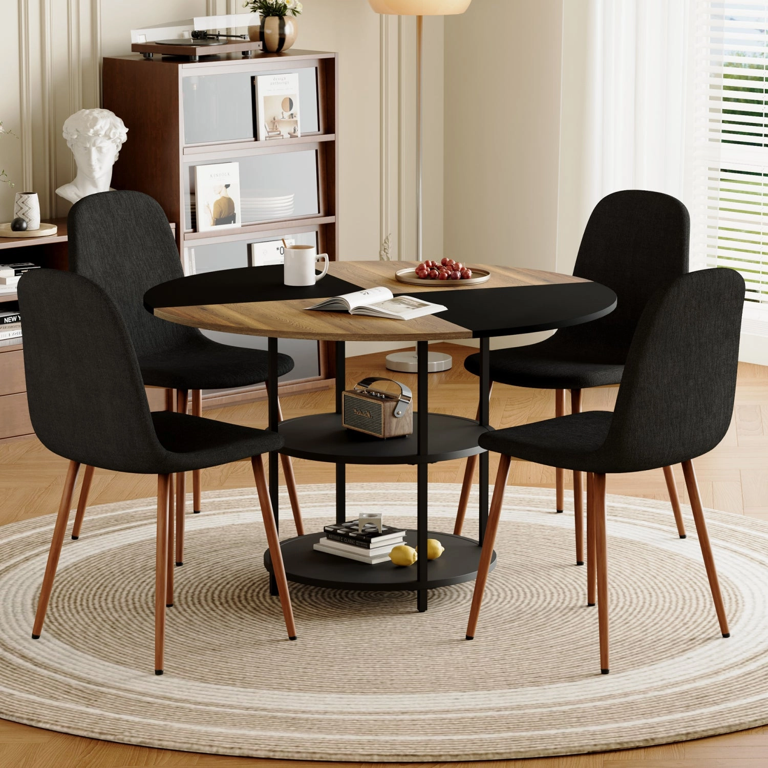Streamdale 47" Round Dining Table Set with 4 Black Chairs & Storage