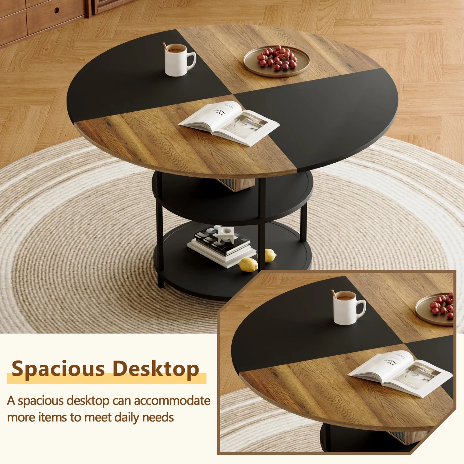 Streamdale 47" Round Dining Table Set with 4 Black Chairs & Storage