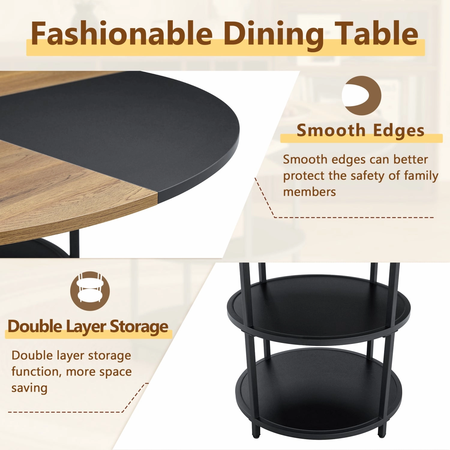 Streamdale 47" Round Dining Table Set with 4 Black Chairs & Storage