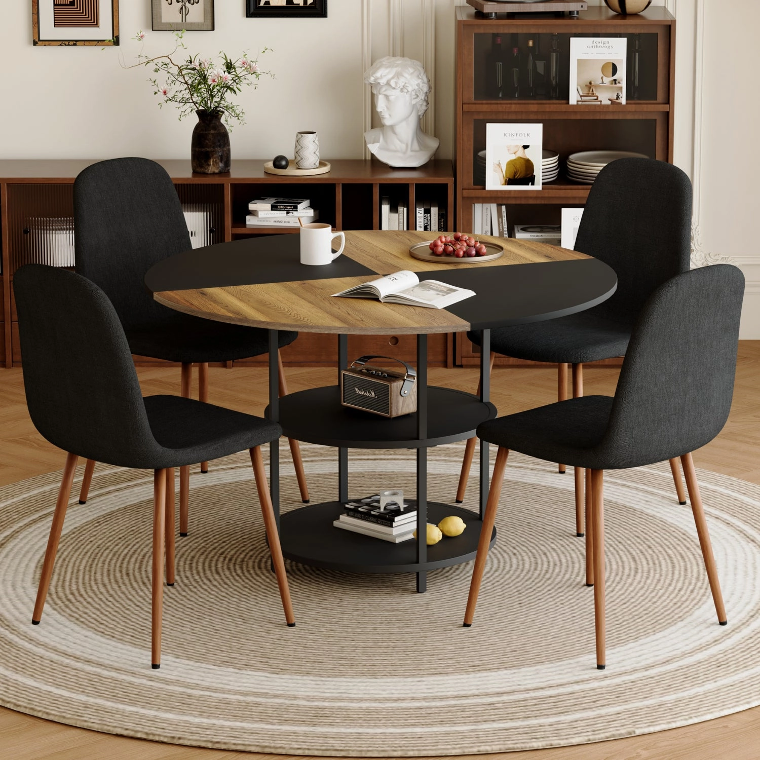 Streamdale 47" Round Dining Table Set with 4 Black Chairs & Storage