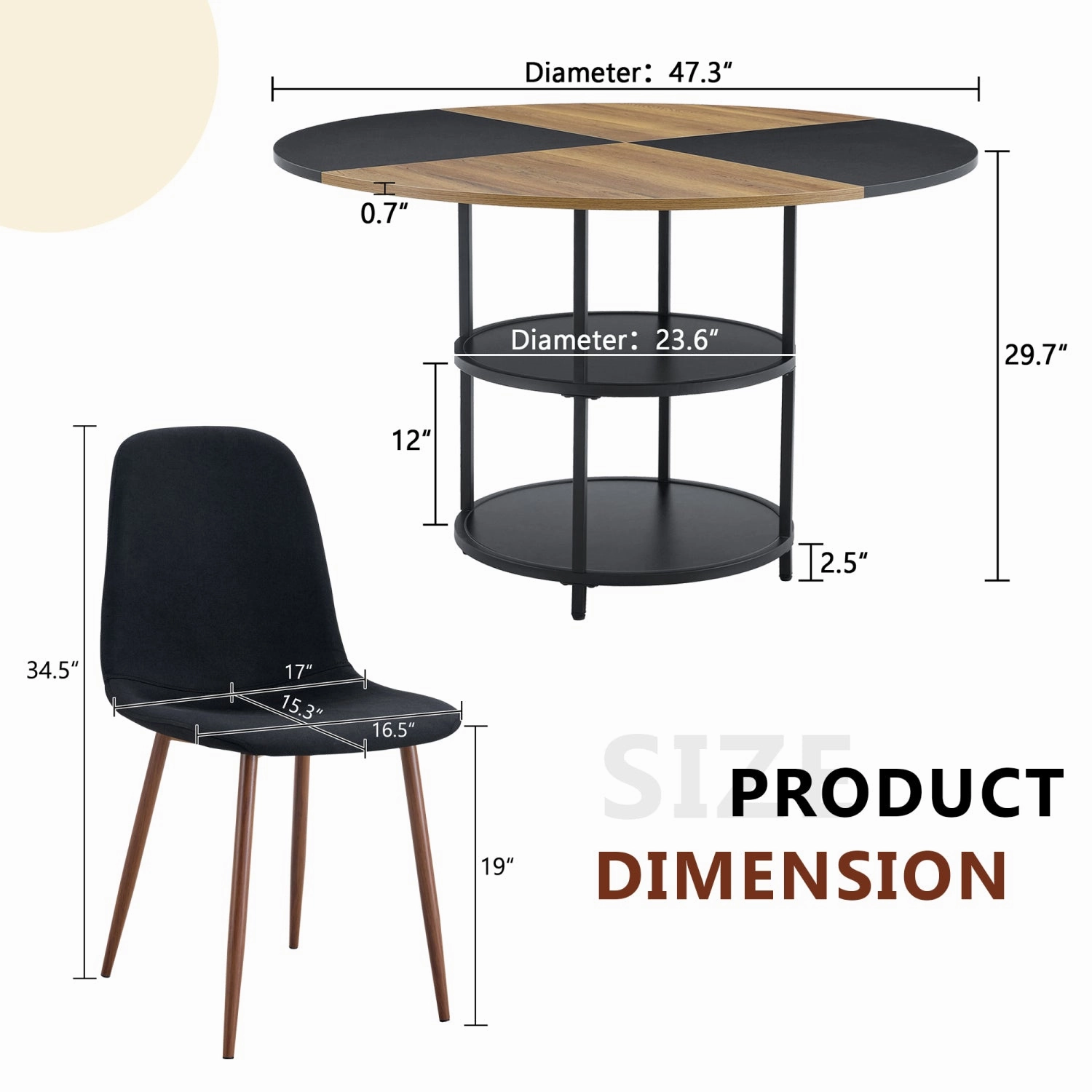 Streamdale 47" Round Dining Table Set with 4 Black Chairs & Storage