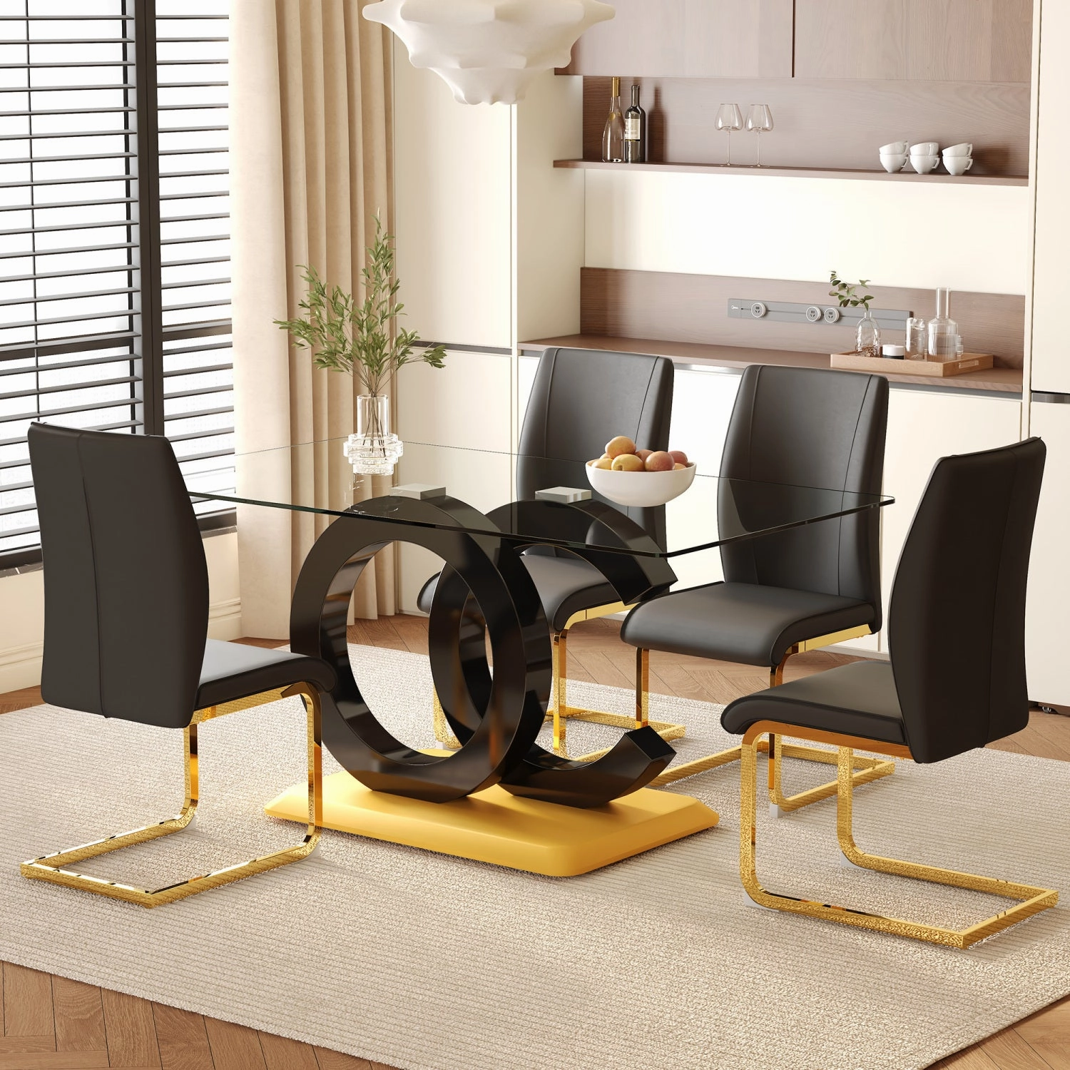 Streamdale 63" Glass Dining Set: Table & 4 Black Chairs, Gold Legs