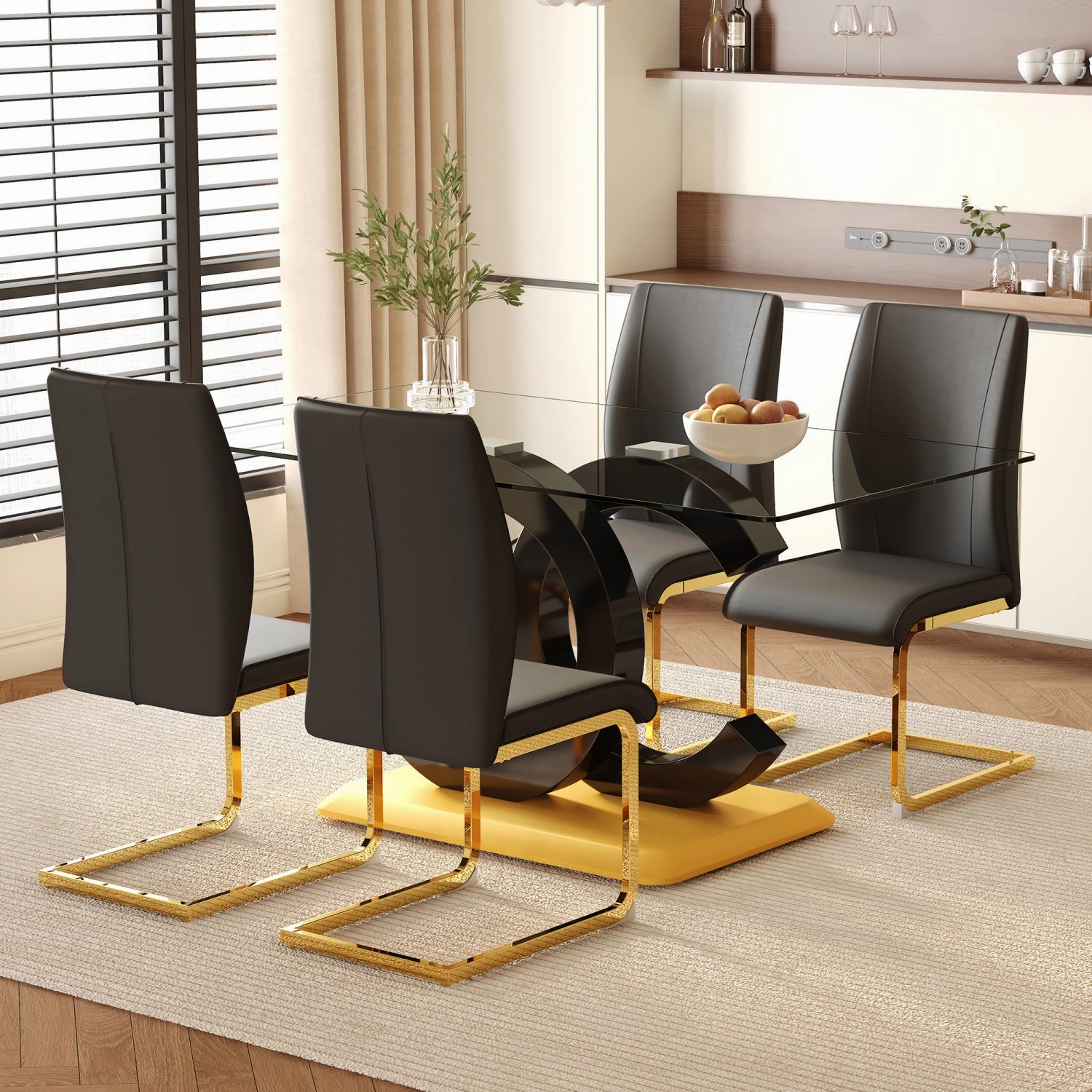 Streamdale 63" Glass Dining Set: Table & 4 Black Chairs, Gold Legs