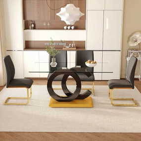 Streamdale 63" Glass Dining Set: Table & 4 Black Chairs, Gold Legs