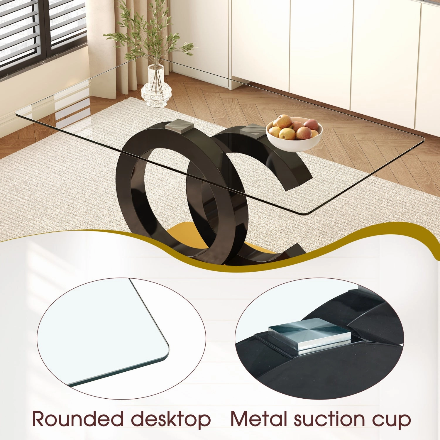 Streamdale 63" Glass Dining Set: Table & 4 Black Chairs, Gold Legs