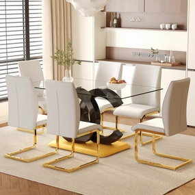 Streamdale 63" Glass Dining Set with 6 White Chairs & Gold Legs