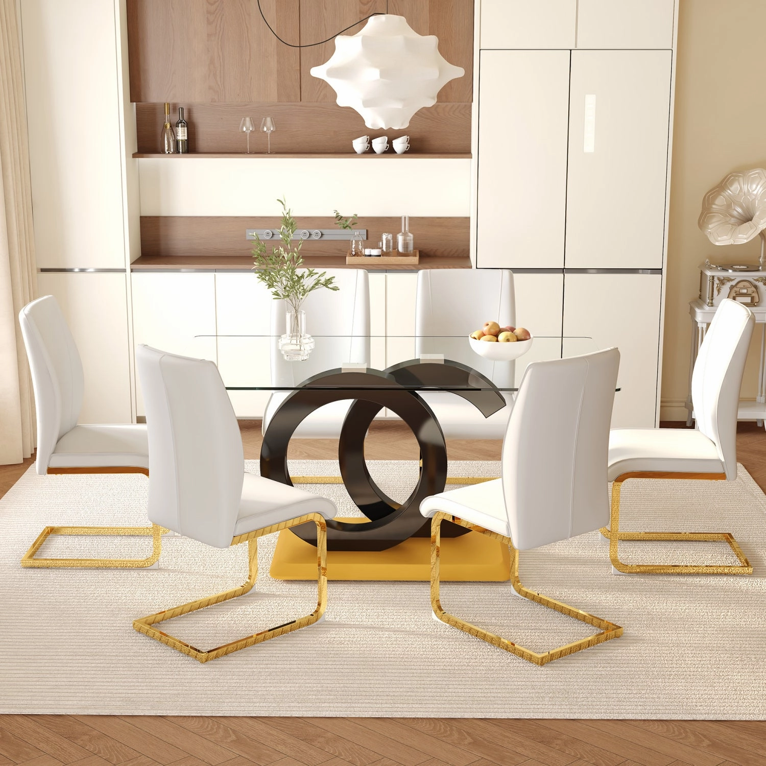 Streamdale 63" Glass Dining Set with 6 White Chairs & Gold Legs
