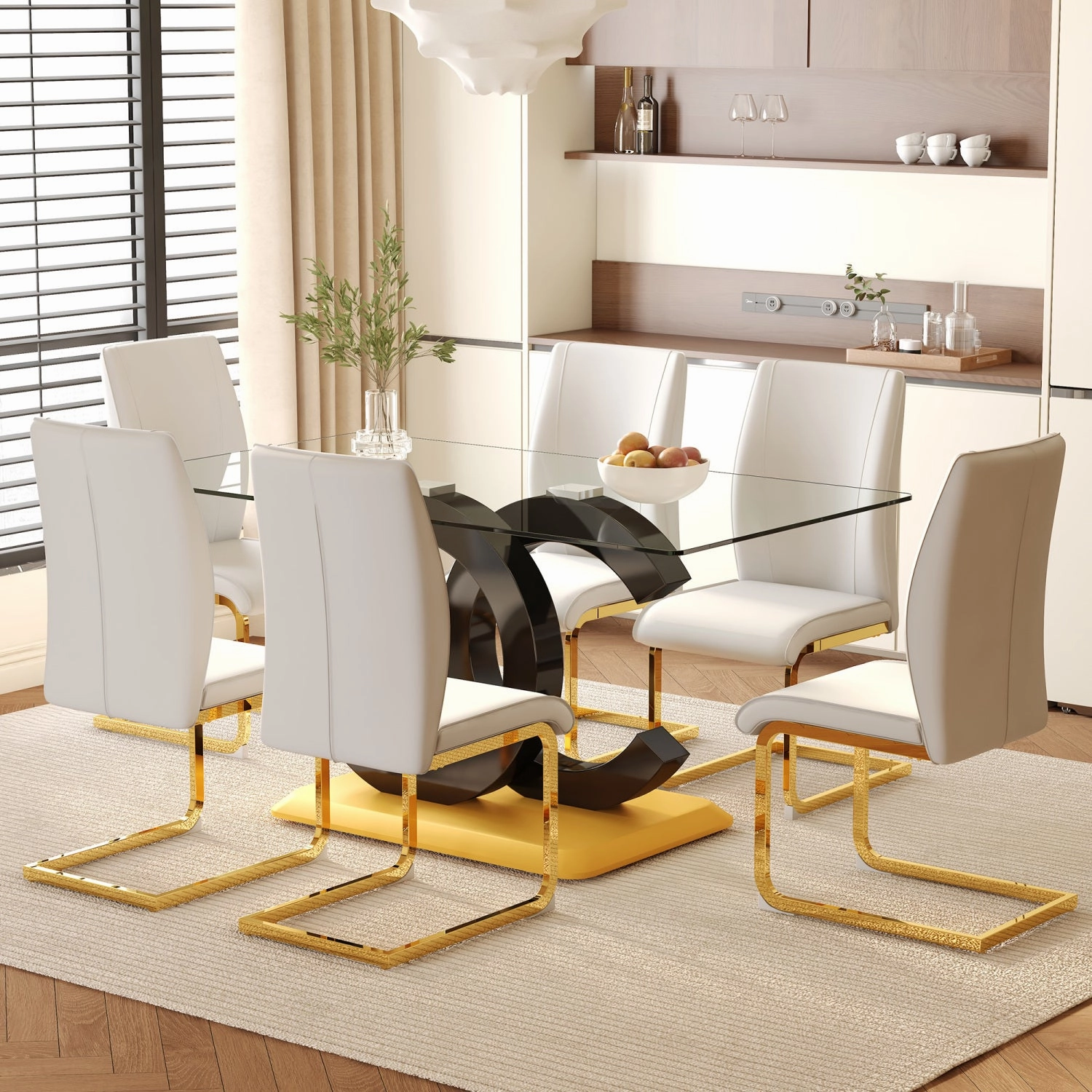Streamdale 63" Glass Dining Set with 6 White Chairs & Gold Legs