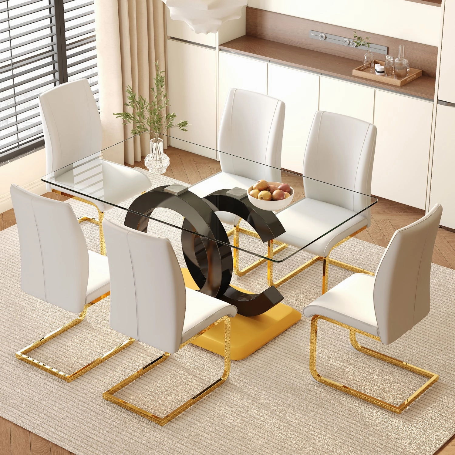 Streamdale 63" Glass Dining Set with 6 White Chairs & Gold Legs