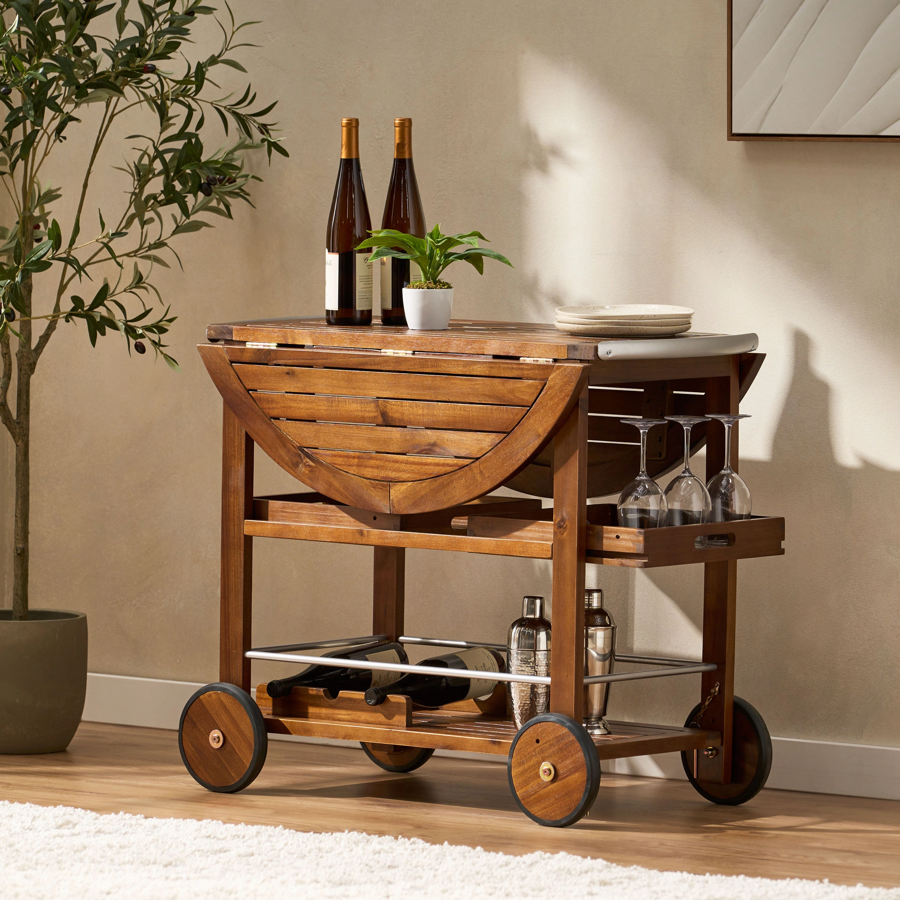 Streamdale Christopher Knight Home Tillary Outdoor Bar Cart with Drop Leaf and Wine Rack