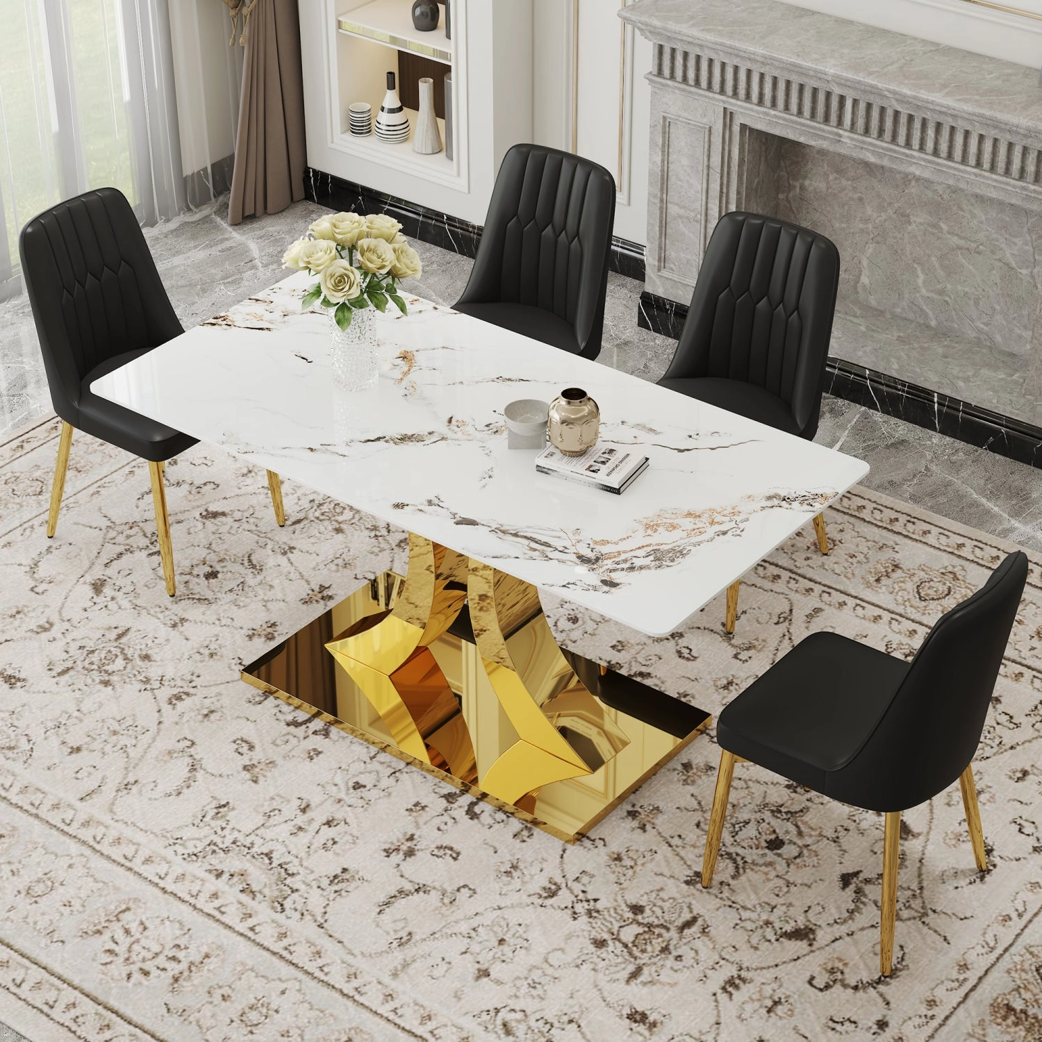 Streamdale Luxurious 63" Sintered Stone Dining Set with X-Legs & PU Chairs