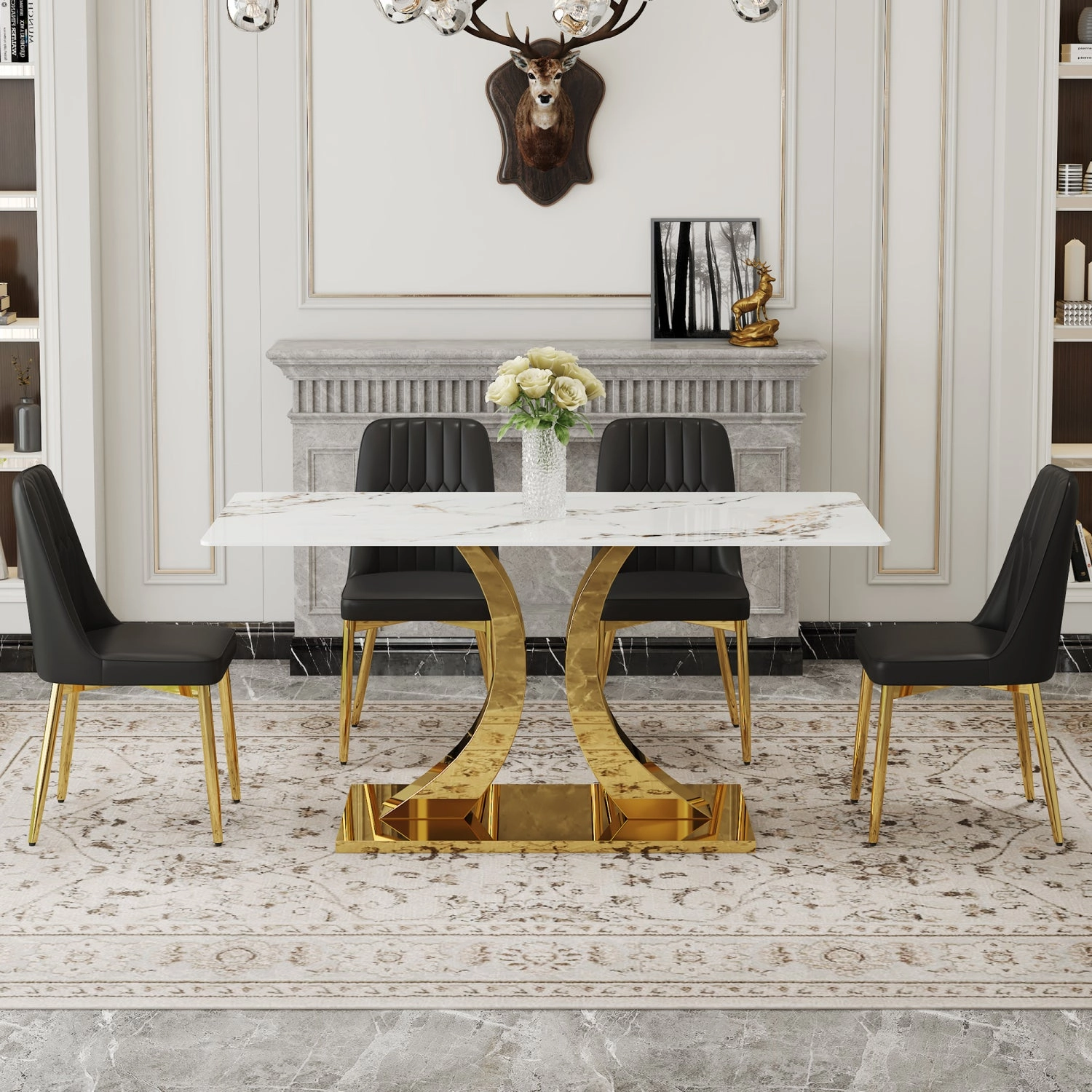 Streamdale Luxurious 63" Sintered Stone Dining Set with X-Legs & PU Chairs